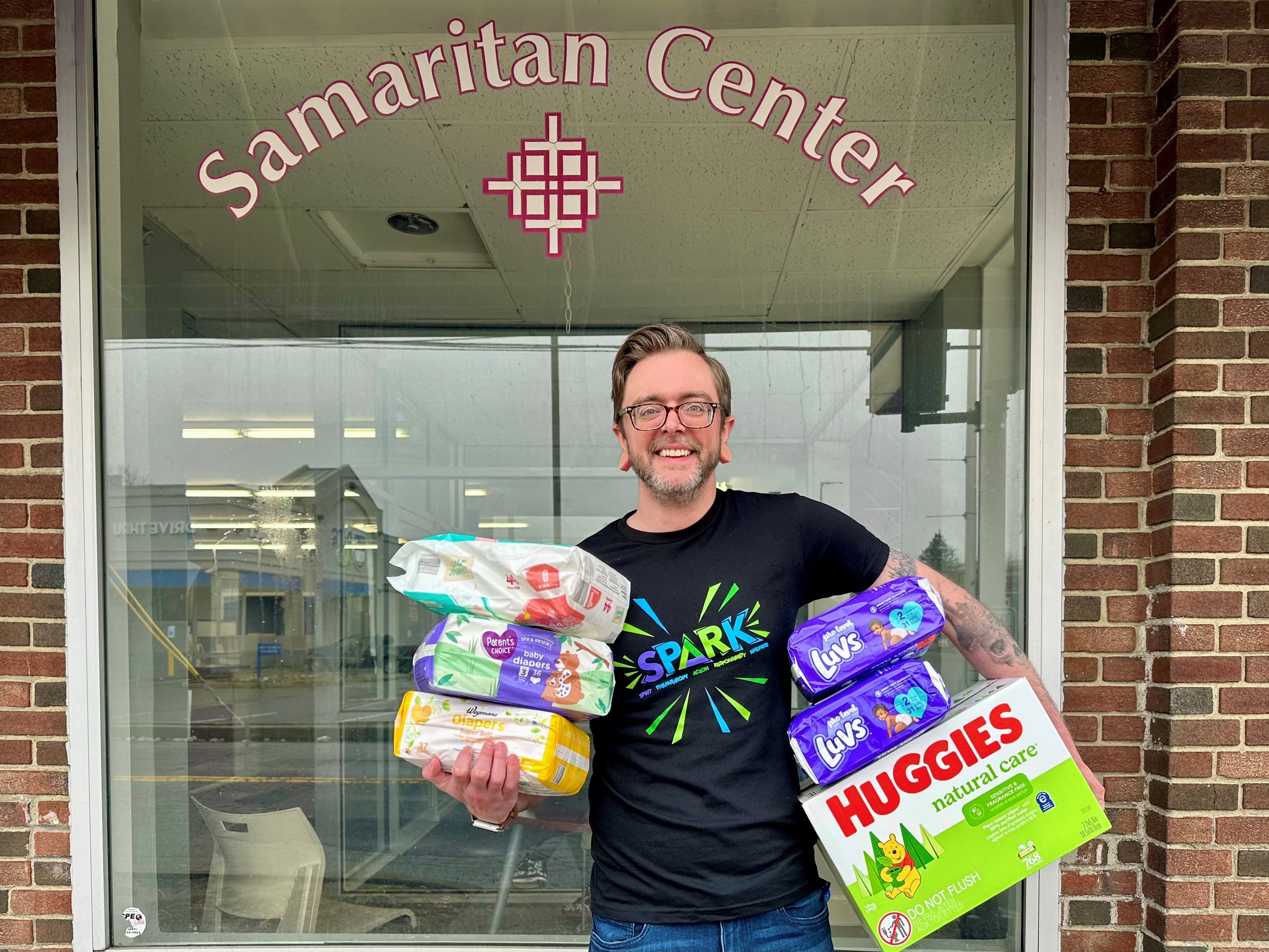 Jesse at the Samaritan Center in Elmira delivering diapers